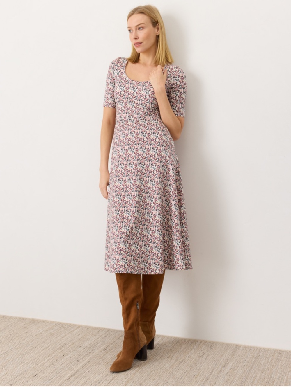 Organic Fit & Flare Signature Scoop Dress Brown Floral Square-Neck Midi Dress XL